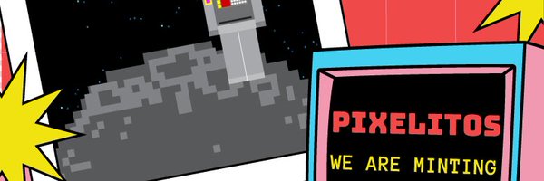 Original Pixelitos X banner featuring a blocky space scene and the historical mint campaign