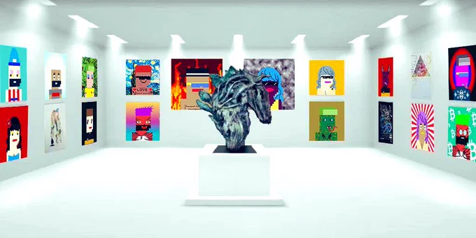 Original 3D gallery scene with Pixelitos portraits on its walls and a sculpture in the center