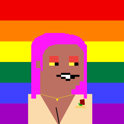 Pink-haired Pixelito against rainbow stripes