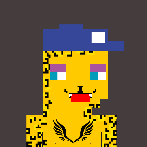 Yellow Pixelito with multicolored eyes and a bird tattoo