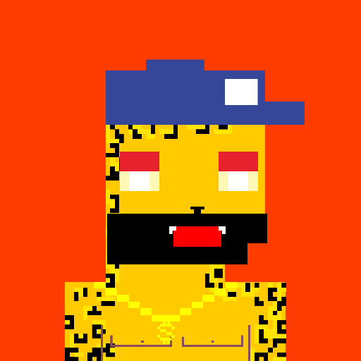 Bearded yellow Pixelito on a bright orange background
