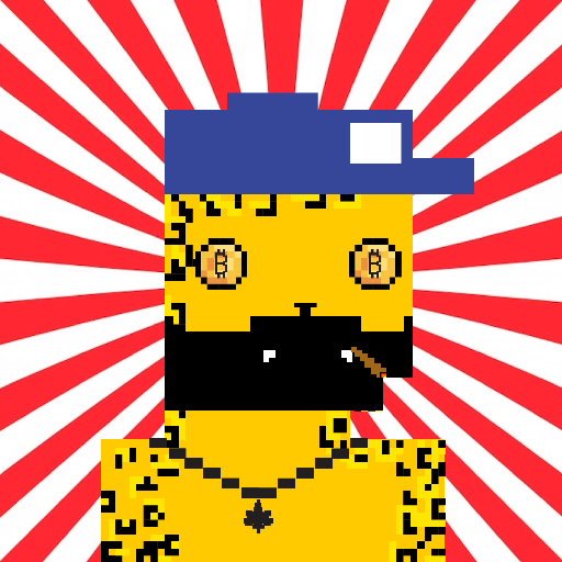 Bearded Pixelito with Bitcoin eyes on red and white rays